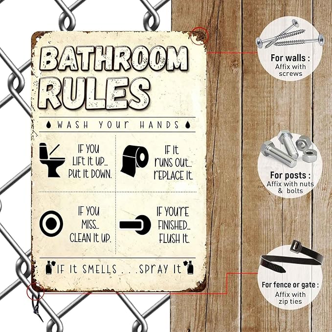 Funny 'Bathroom Rules' Metal Tin Sign – Vintage Wall Art for Bathroom Decor, 8x12 Inch
