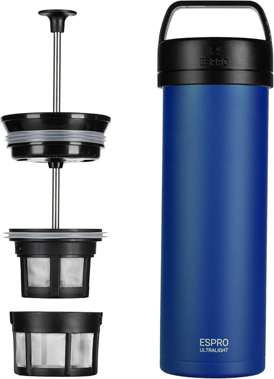 ESPRO P0 Ultralight French Press Coffee Maker for Travel, Vacuum Insulated Stainless Steel, 16 Ounces, Blue
