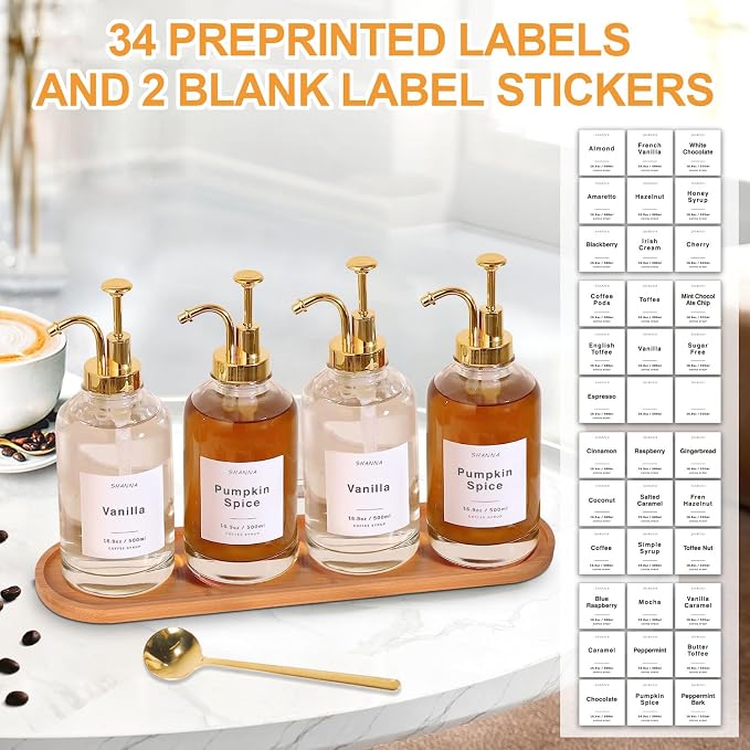 Coffee Syrup Dispenser for Coffee Bar, 16.9oz 500ml Glass Syrup Dispenser w Golden Coffee Scoop, Coffee Syrup Pump Dispenser w 36 Labels and Bamboo Tray, Coffee Syrup Bottles with Golden Pump, 4PCS - Image 4