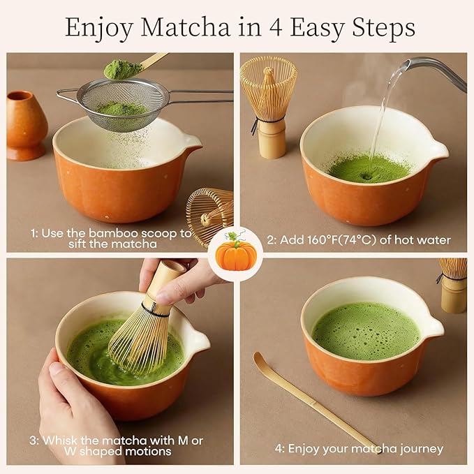 Matcha Whisk Set Includes Matcha Bowl with Spout, Bamboo Whisk (Chasen), Whisk Holder, Sifter, Scoop, 5PCS Matcha Starter Kit for Matcha Lovers, Matcha Set with Gold Foil Decoration, Orange