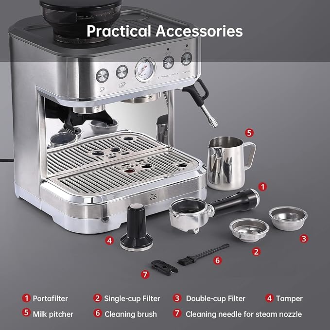 Espresso Machine 15 Bar, LCD Display Espresso Maker with Grinder, Milk Frother and PID Temperature Control, Professional Coffee Maker for Latte Cappuccino - 8.8 Oz Bean Hopper