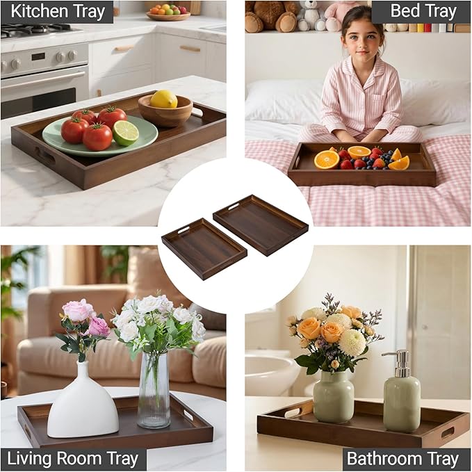 17.3‘’x11.8''x1.57''Large Bamboo Wooden Tray with Handles, Rectangular Natural Solid Wood, Walnut Brown Color Serving Tray.Suitable for Kitchen,Bedroom,Breakfast,Coffee,Decorative,Party Bars.