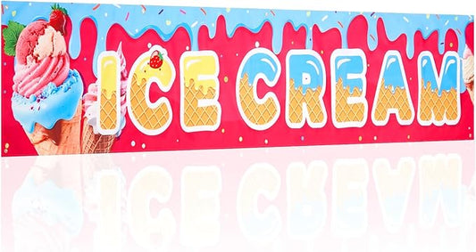 Tegeme Ice Cream Banners Sign 2 x 10 Feet Ice Cream Flag Oxford Fabric Banners with 10 Holes for Business Store Outside