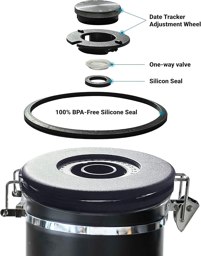 Stainless Steel Coffee Canister - 21oz Airtight Kitchen Food Storage Container with Date Tracker, CO2-Release Valve and Measuring Scoop For Ground Coffee, Beans, Tea, Sugar, Large