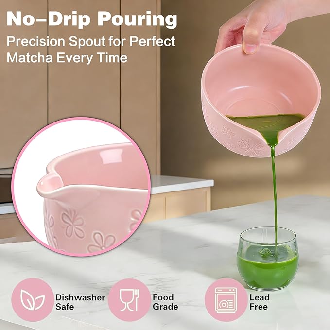 Matcha Whisk Set, Pink Ceramic Matcha Making Kit with Traditional Bamboo Whisk, Matcha Bowl, Scoop, Sifter and Stand, Authentic Japanese Style Matcha Set for Perfect Homemade Matcha Tea