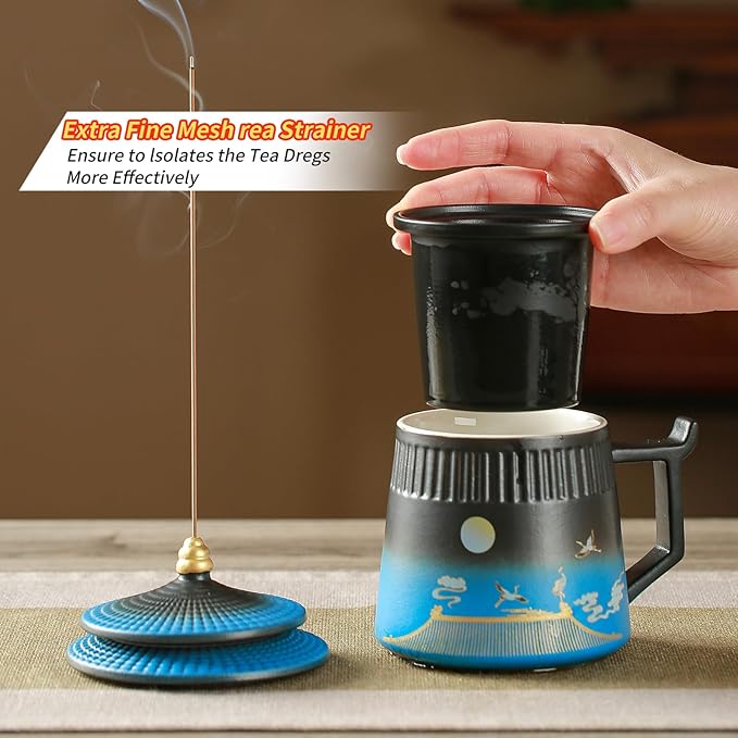 Tea Cup with Infuser and Lid,Loose Leaf Tea Steeper Cup 14.8oz Ceramic tea Infuser Mug Travel Large Steeping Cup Diffusers Mugs with Fine Strainer and Handle (Black&Blue)