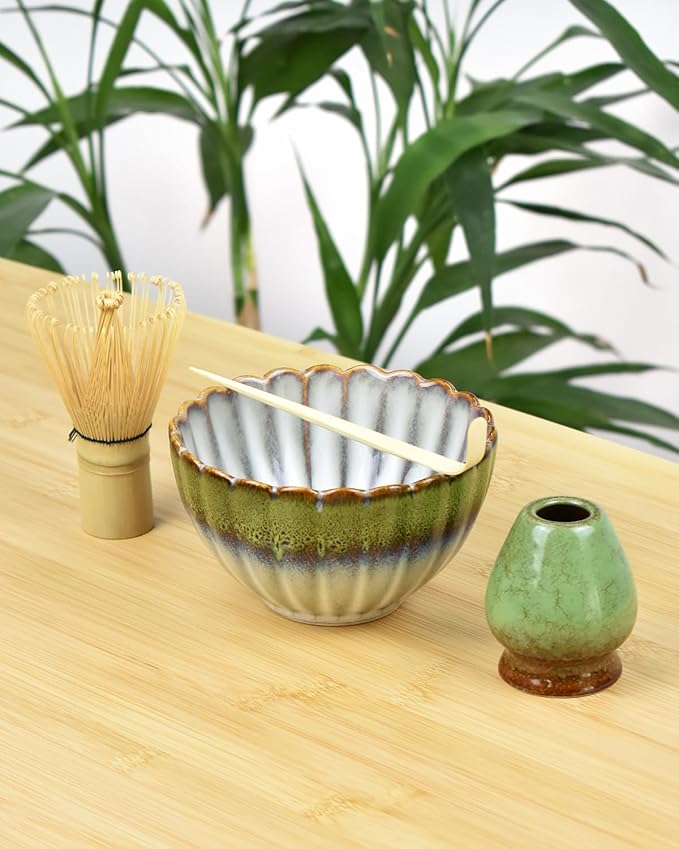 Artcome Matcha Tea Set - 17oz Petal-Shaped Matcha Bowl, Bamboo Whisk, Scoop, Whisk Holder & Brewing Guide - Japanese Tea Ceremony Tools for a Perfect Matcha Experience, Gradient Green