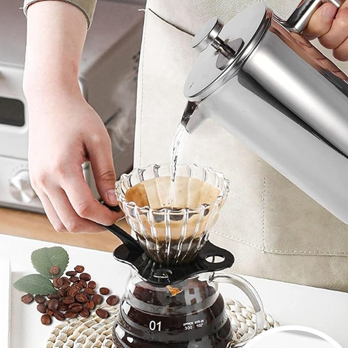 34oz Stainless Steel French Press Coffee Maker, Double Wall Insulated Thermal Coffee Press for Camping & Home, Plastic-Free with No Drip Spout & Multi-Layer Filter, 1 Liter