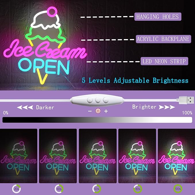 Ice Cream Open Neon Sign Led Neon Light for Wall Decor, USB Dimmable Ice Cream Open Wall Decor Sign for Business Store Dessert Shop Bar Party Cafe