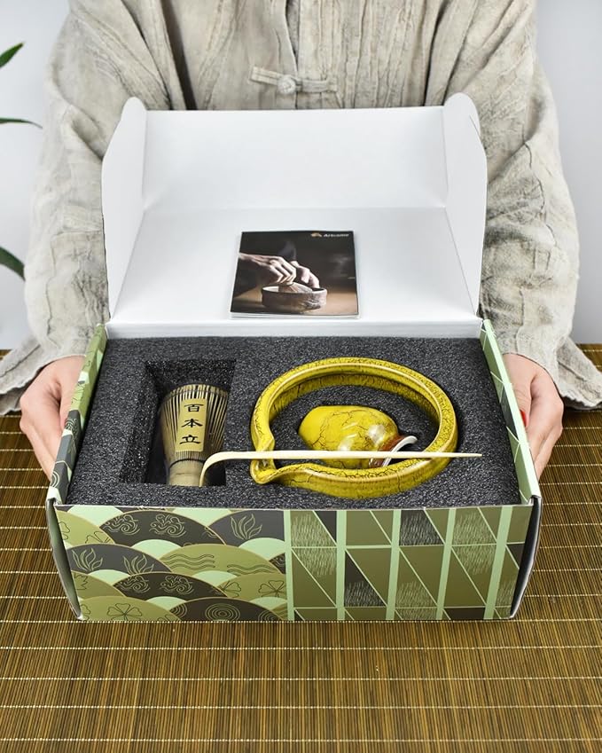 Artcome Matcha Tea Set – 20.2oz Premium Matcha Bowl with Spout, Whisk, Scoop, Whisk Holder & Brewing Guide – Authentic Japanese Tea Ceremony Tools for Perfect Matcha Preparation, Yellow