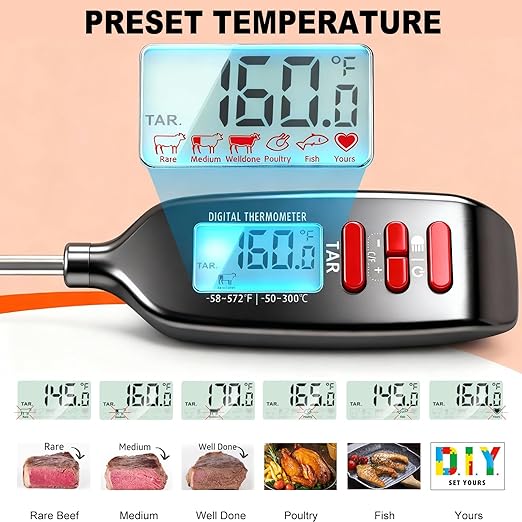 Antonki Meat Thermometer Digital, Smart Instant Read Food Thermometer with Super Long Probe for Cooking Grilling Baking Kitchen Candy BBQ Oil Liquid, Backlit Display, Battery Included