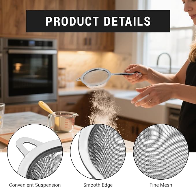 2 Pcs Matcha Strainer, Stainless Steel Matcha Sifter with Handles, Small Strainer Fine Mesh with Tea Spoon and Scoop