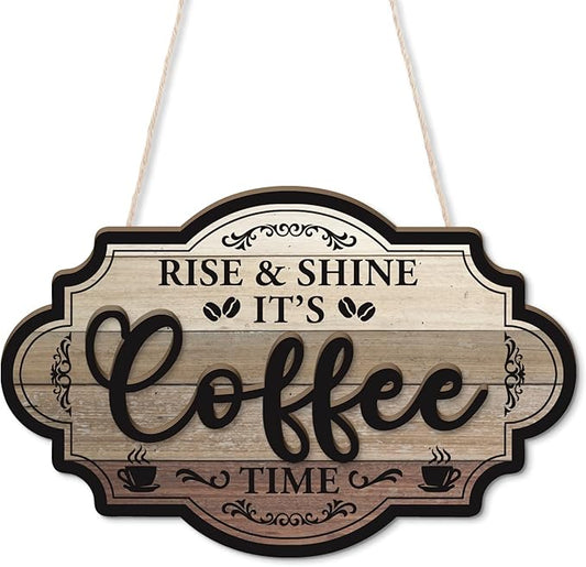 Putuo Decor Farmhouse Coffee Bar Sign, Rise & Shine Its Coffee Time Wall Hanging Sign, Vintage Double Layer Plaque Wall Decor for Home Kitchen Station Rustic Bar Accessories