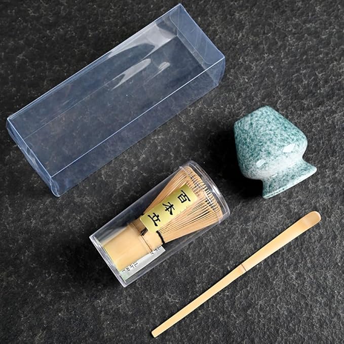 Japanese Matcha Tea Set, Bamboo Whisk (Chasen) + Matcha Scoop (Chashaku)+Ceramic Whisk Holder,fit for Japanese Tea Matcha Tea,Matcha Latte Accessories (G)