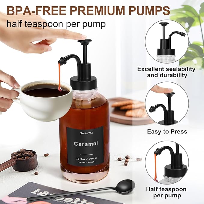 Coffee Syrup Dispenser for Coffee Bar, 16.9oz 500ml Glass Syrup Dispenser w Black Coffee Scoop, Coffee Syrup Pump Dispenser w 36 Labels and Bamboo Tray, Coffee Syrup Bottles with Black Pump, 3PCS - Image 4