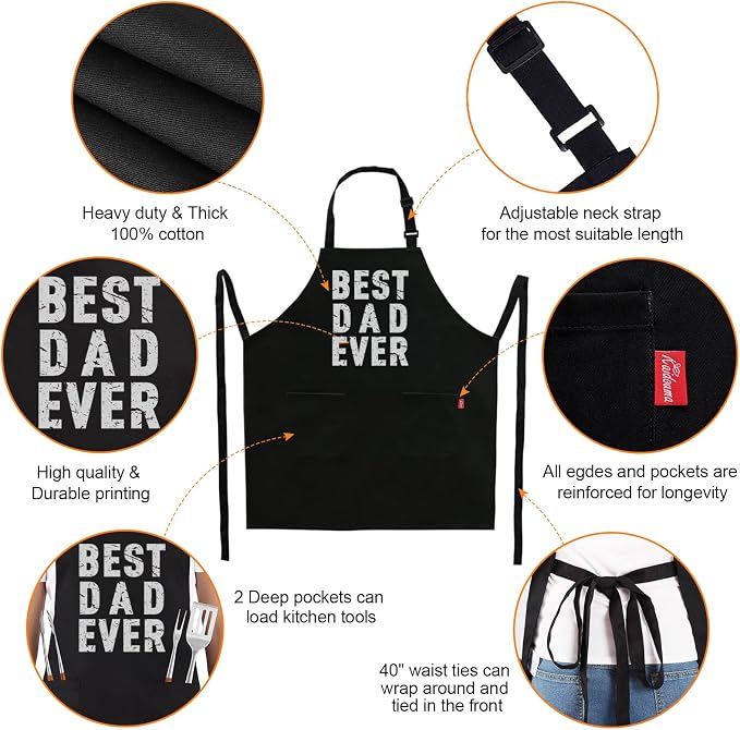 BBQ Funny Apron for Men - Best Dad Ever - Chef Bib Apron with 2 Pockets, Adjustable Neck Strap and 40" Long Ties - Best for Kitchen Cooking, Grilling, Baking, Gardening - Black - Image 3