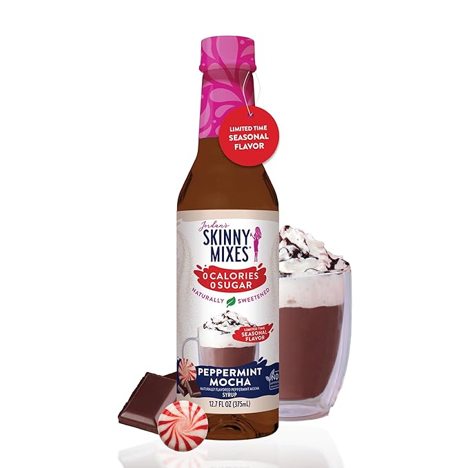 Jordan's Skinny Syrups Sugar Free Syrup, Peppermint Mocha Syrup, 12.6 oz, Zero Sugar and Zero Calorie Flavoring for Coffee, Protein Shake, Cocktail or Mocktail Drinks & More, Naturally Sweetened Line