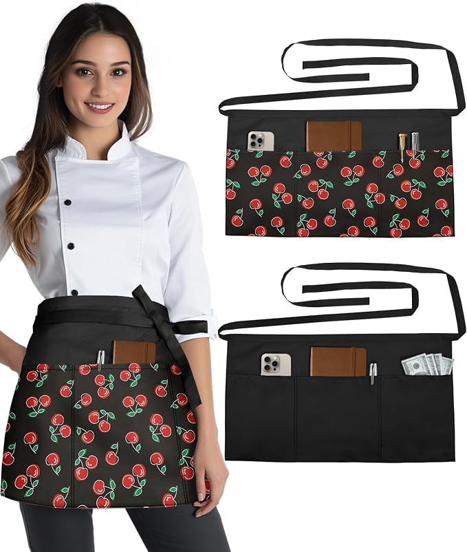Slohif Reversible Server Apron 6 Pockets - Waist Apron for Waitress Women Half Serving Short Apron for Waiter by Slohif