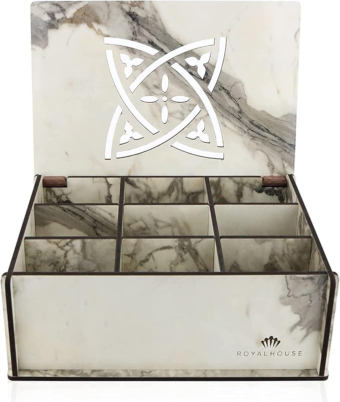 RoyalHouse Premium Wood (Hard MDF) Tea Storage Box Organizer (Marble), Eco-Friendly Multi-Functional Decorative Box, 9 Compartments For Assorted Variety Of Tea Bags and Small Items