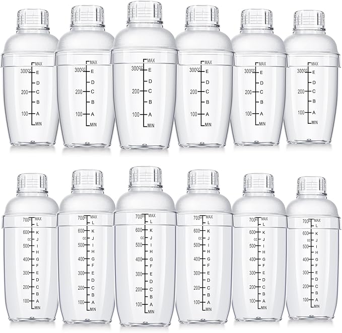 Lallisa 12 Pcs Plastic Cocktail Shaker Drink Mixer with Scales and Strainer Top Clear Shaker Cup with Measurement Plastic Mixing Tool for Tea Coffee Bubble Tea Milk(350cc/ 12 oz and 700 Cc/ 24 oz)