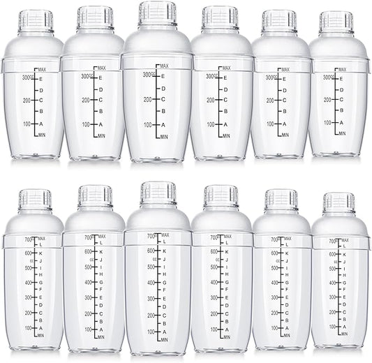 Lallisa 12 Pcs Plastic Cocktail Shaker Drink Mixer with Scales and Strainer Top Clear Shaker Cup with Measurement Plastic Mixing Tool for Tea Coffee Bubble Tea Milk(350cc/ 12 oz and 700 Cc/ 24 oz)