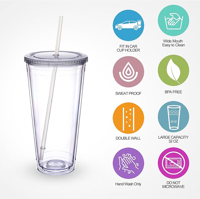 Zukro Clear Acrylic Tumbler with Straw and Lid 32 oz, Double Walled Insulated Reusable Plastic Iced Coffee Cup, To Go Cup Perfect for Parties, Birthdays, Fit in Cupholder, BPA Free, Clear, 4 Pack