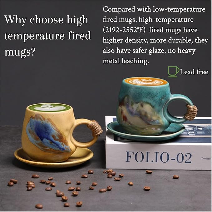 8oz Small Vintage Japanese Style Handmade Ceramic Tea Cup with Saucer , Lead-Free Cappuccino Mug, Artisanal Coffee Mug with saucer set,Handcrafted mug with handle, For Espresso, Latte(1, Light brown)