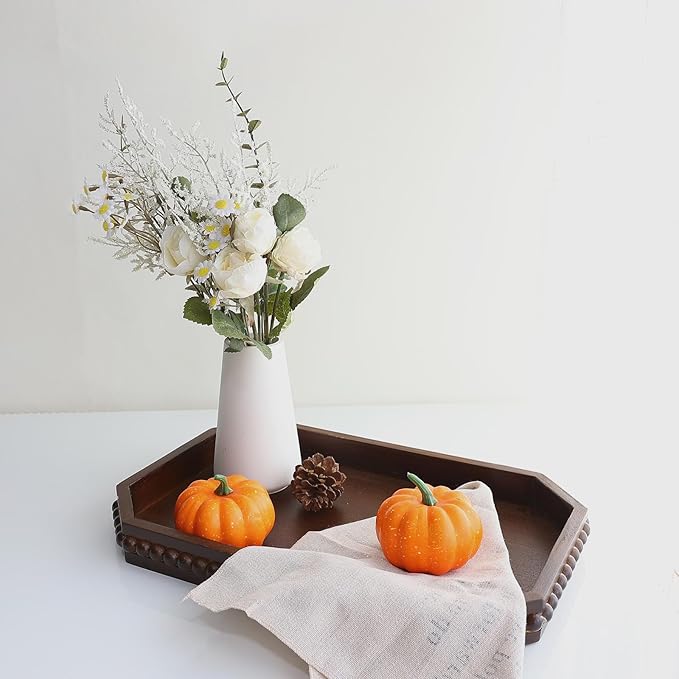Retro Brown Wood Serving Tray with Beads, Farmhouse Decorative Tray for Table Centerpiece, Christmas Wedding Halloween Home Decor