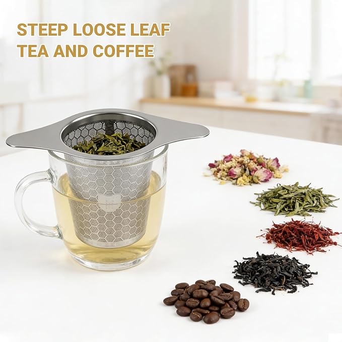 2 Packs 316 Stainless Steel Tea Infuser Extra Fine Mesh Strainer With Wide Rim Handles for Hanging on Teapots or Cups to Steep Loose Leaf Tea and Coffee