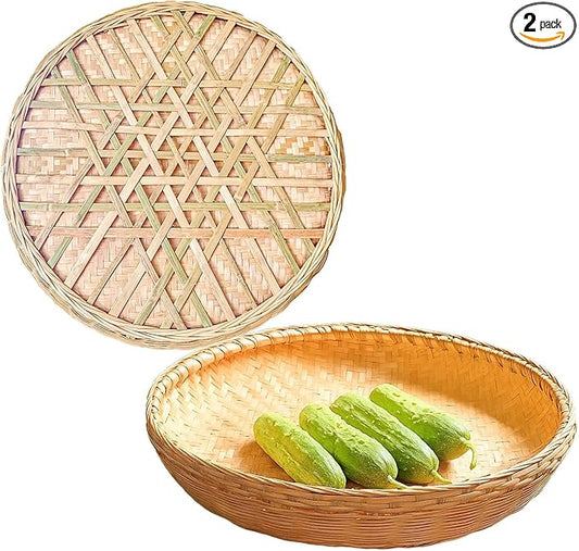 Bamboo Tray，Food Flatware trays，Bamboo and Rattan Fruit and Vegetable Basket with Flat Bottom,For Table, Kitchen,Outdoor Gathering and Dining Room Service or Decoration 2 Piece Set 餐厅服务托盘