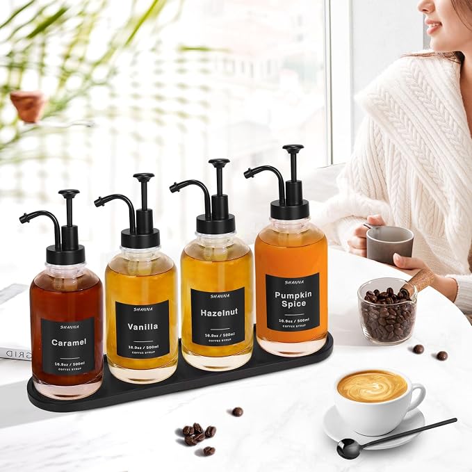 Coffee Syrup Dispenser for Coffee Bar, 16.9oz 500ml Glass Syrup Dispenser w Black Coffee Scoop, Coffee Syrup Pump Dispenser w 36 Labels and Bamboo Tray, Coffee Syrup Bottles with Black Pump, 4PCS - Image 3