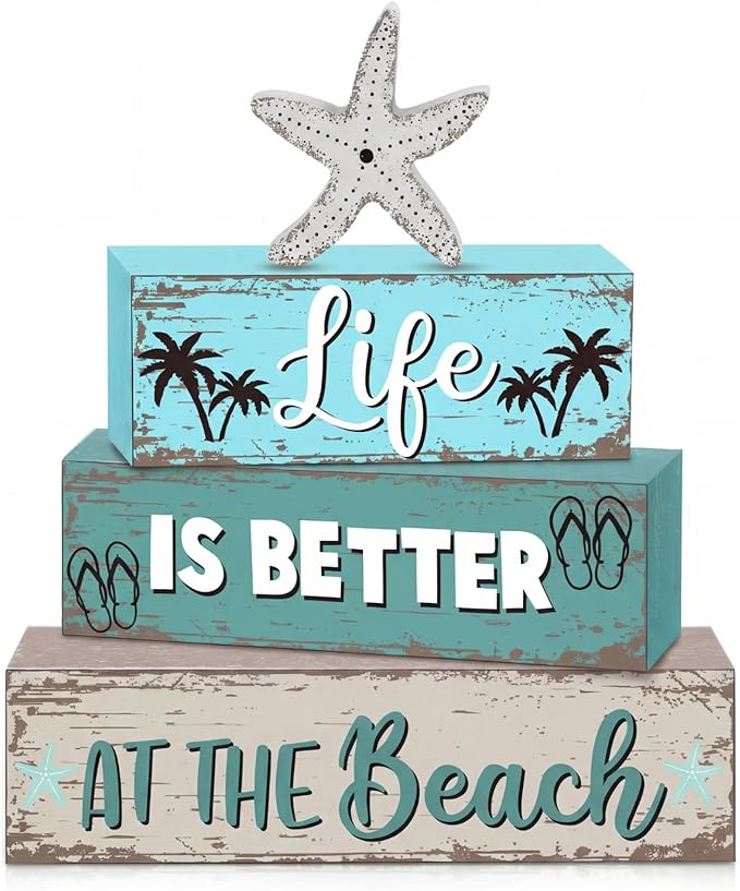 Geelin 4 Pcs Summer Table Decorations Ocean Life Better Wooden Block Signs Beach Theme Starfish Palm Slipper Tabletop Centerpieces Farmhouse Tiered Tray Decor for Home Table Kitchen Shelf