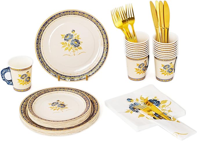 Baffect 145 Pcs Tea Party Supplies, Include Paper Tea Cups With Handle, 9" Garden Tea Party Plates, 7" Floral Saucers, Napkins, Gold Knives, Forks & 1 Disposable Tablecloth (Set Of 24, Blue & Gold)