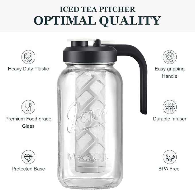 AOZITA Iced Tea Maker Pitcher with Infuser and Lid - 2 Quart Glass Mason Jar Pitcher Leak-proof Water Jug, Heavy Duty Glass Container for Tea, Water, Juice, Milk, Iced Coffee, and Drinks