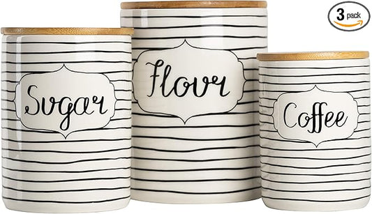 10 Strawberry Street Everyday Coffee, Sugar, Flour 3 Piece Canister Set, White/Black