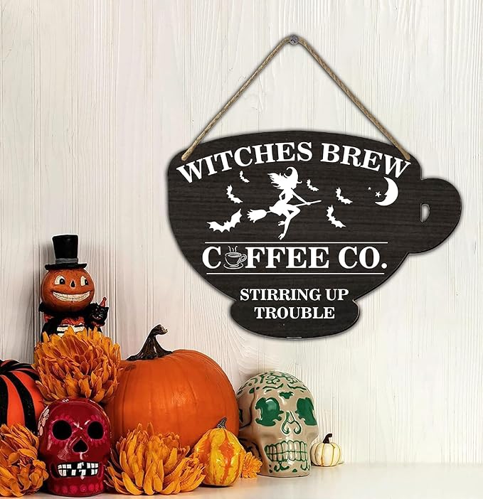 Halloween Witches Brew Coffee Co.Wood Sign Coffee Cup Wooden Sign Alloween Coffee Shop Home Kitchen Office Cafe Coffee Station Door Wall Decor 4.8x6.78 Inch - Image 5