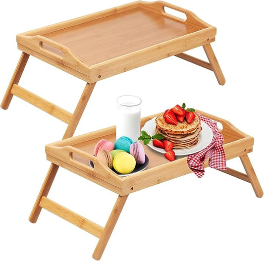 Artmeer Bed Tray Table with Foldable Legs,Bamboo Breakfast Tray with Handles Ideal for Sofa, Bed, Eating,Working,Used As Laptop Desk Snack Tray 2 Pack Bamboo