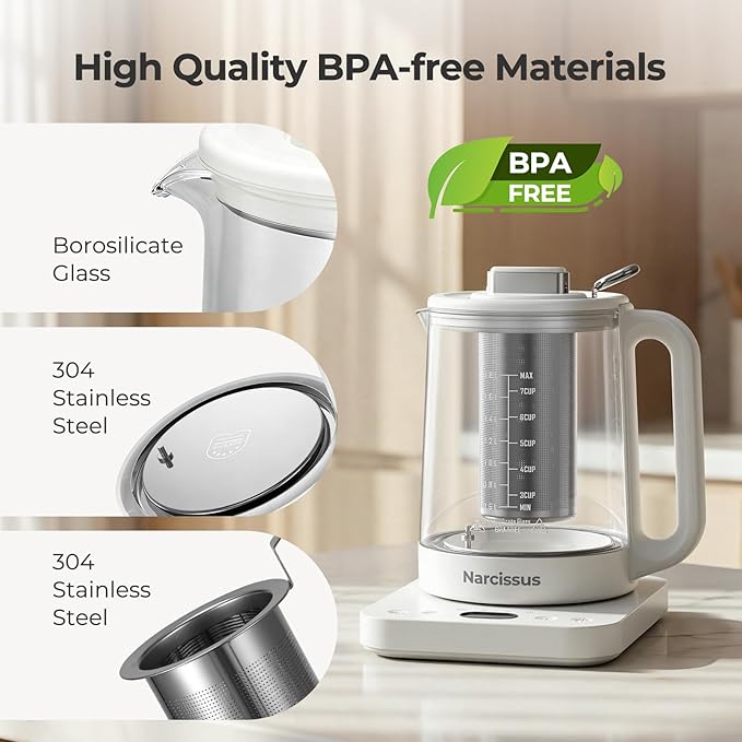 Narcissus Electric Kettle Temperature Control ±5℉, 1.8L Glass Electric Tea Kettle with Removable Infuser for Flowers & Fruit Tea, 1200W Fast Boiling, 6 Hours Keep Warming, White