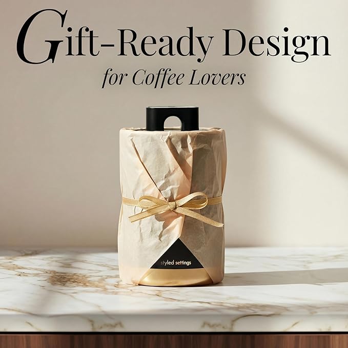 STYLED SETTINGS Coffee Bar Canisters Set of 2 – Vacuum Coffee Canisters with Airtight Lids & Scoop, Black & Gold Stainless Steel Food Storage Containers for Beans or Grounds – Coffee Lover Gifts