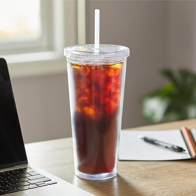 24oz Double Wall Plastic Tumblers with Lids and Straws | Large Classic Travel Tumbler | 4 Pack Set of 4 | Clear Reusable Cups with Straws | BPA Free