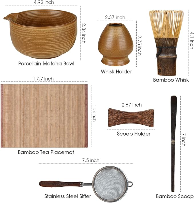 Matcha Whisk Set, 7-Piece Matcha Kit with Ceramic Matcha Bowl, Bamboo Whisk, Scoop & Sifter - Complete Matcha Tea Set Perfect for Beginners & Matcha Lovers, Brown