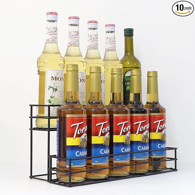 Coffee Syrup Rack for 4 Bottles (750ml), Tiered Coffee Syrup Organizer & Holder, Heavy-Duty Metal Syrup Rack, (10 bottles of black)