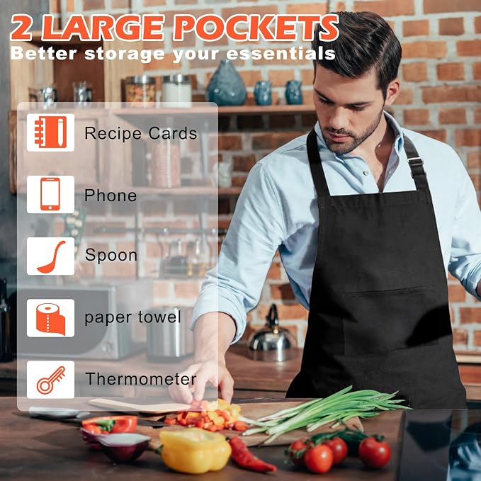 Bib Apron,Unisex Black Aprons Adjustable Washable,with 2 Pockets for Kitchen Crafting BBQ Drawing - Image 3