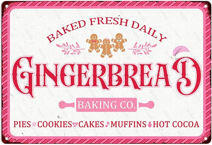 Gingerbread Baking Co Christmas Metal Sign Pink Red Christmas Vintage Print Art Poster 12" x 8" Aluminium Hanging Plaque for Home Kitchen Bakery Patio Yard Cafe Coffee Bar Wall Decor by WEGUZIX