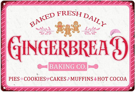 Gingerbread Baking Co Christmas Metal Sign Pink Red Christmas Vintage Print Art Poster 12" x 8" Aluminium Hanging Plaque for Home Kitchen Bakery Patio Yard Cafe Coffee Bar Wall Decor by WEGUZIX
