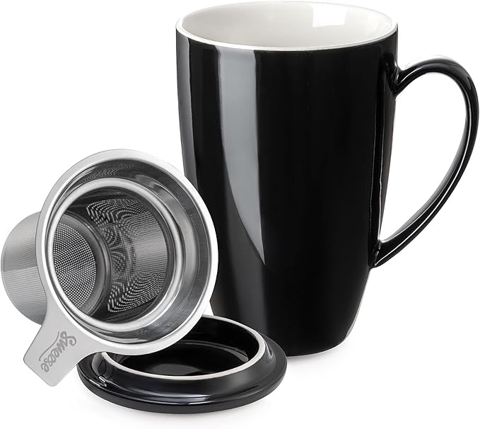 Sweese 15 OZ Porcelain Tea Mug with Infuser and Lid, Loose Leaf Tea Cup, Gifts for Tea Lover, Black
