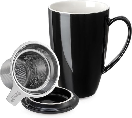 Sweese 15 OZ Porcelain Tea Mug with Infuser and Lid, Loose Leaf Tea Cup, Gifts for Tea Lover, Black