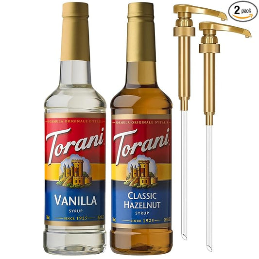 Torani Syrups, Classic Hazelnut and Vanilla Syrup Variety 2-Pack, Coffee Syrups for Drinks, Pumps Included, 25.4 Fl Oz Ea