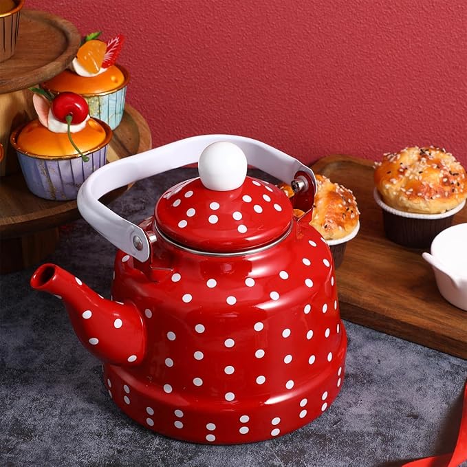 1.8 Quart Vintage Tea Kettle,Enamel Tea Kettle with Handle Cute Stovetop,Enamel on Steel Water Coffee,Colorful Hot Water Kettle for Home Kitchen Decor, No Whistling