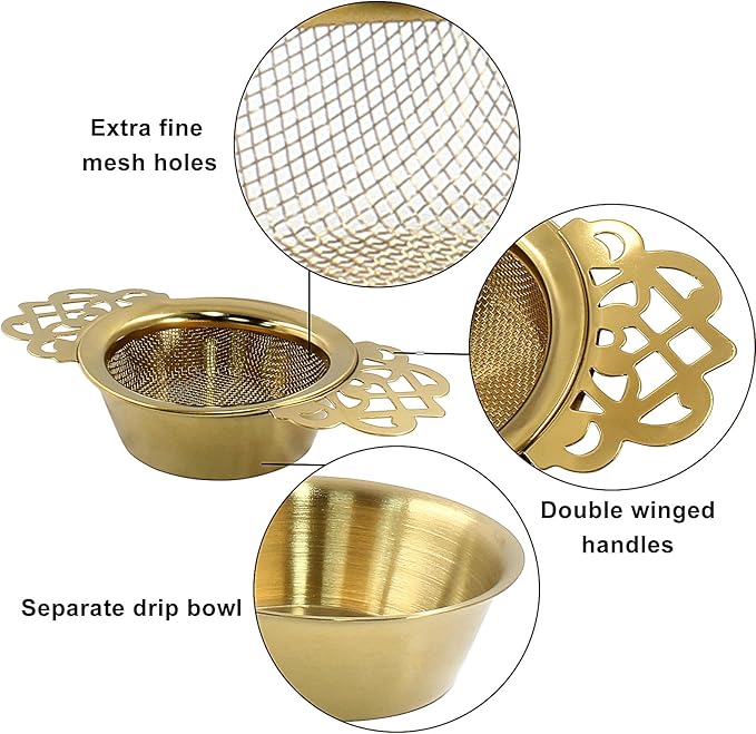 4 Pack Tea Strainers with Drip Bowls, Stainless Steel Tea Strainer Bowl Loose Leaf Tea Filter for 2.5-4 Inch Cup Mouth (Gold)